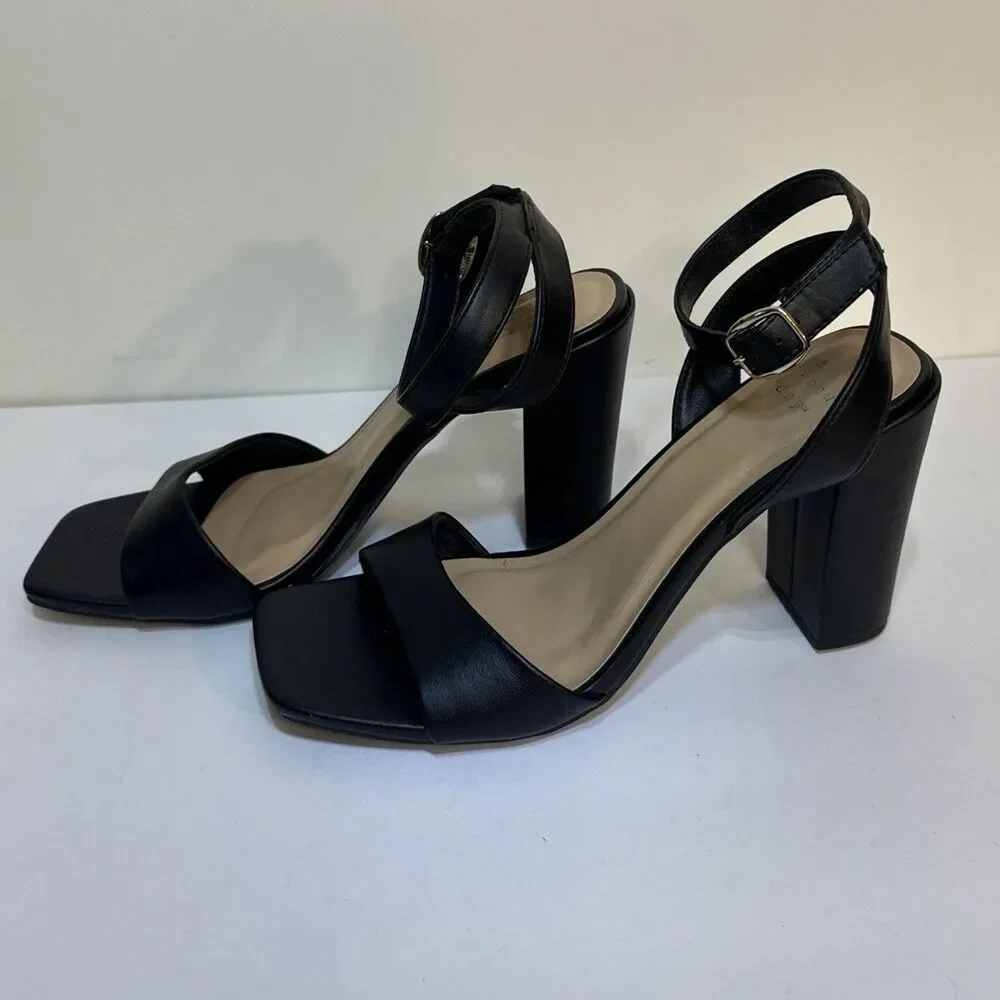 A New Day Women's Black Block 4” Heel Ankle Strap Sandals Size 9 M